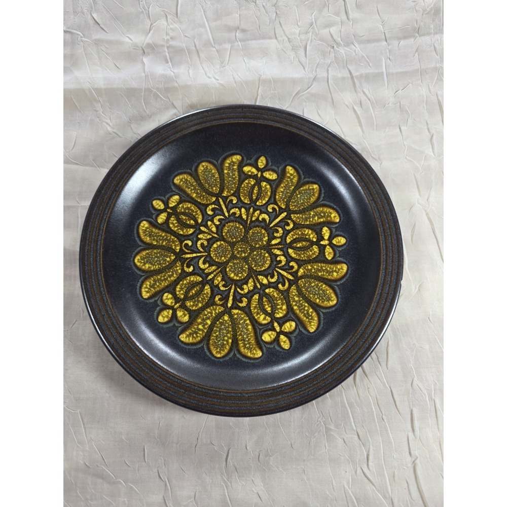 Costa Brava Ward Stoneware 10" Dinner Plate Gold & Brown Floral Sun Pattern MCM